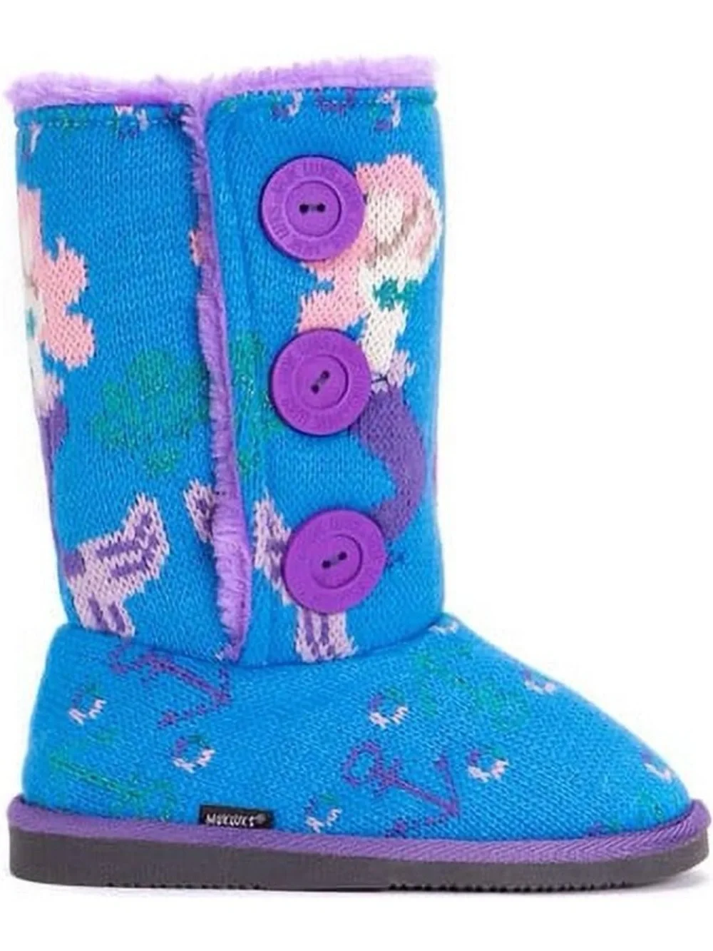 Kids Original Mukluks Blue and Purple Button-Up Winter Boots with Mermaid Design